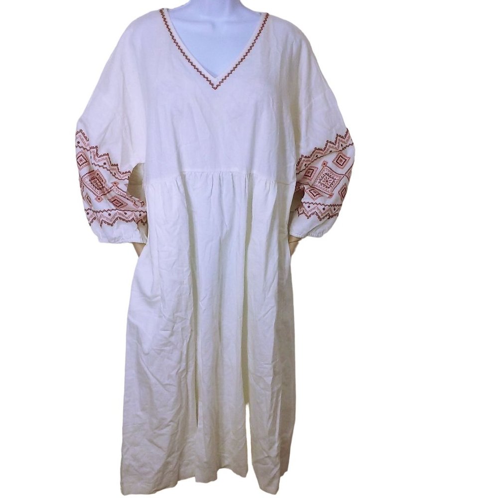 New Madewell MC946 Boho Peasant Midi Dress -XL Linen Pockets Embroidered Sleeves
